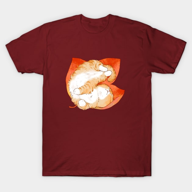 Orange Cat Sleep in Leaves T-Shirt by MinranZhang